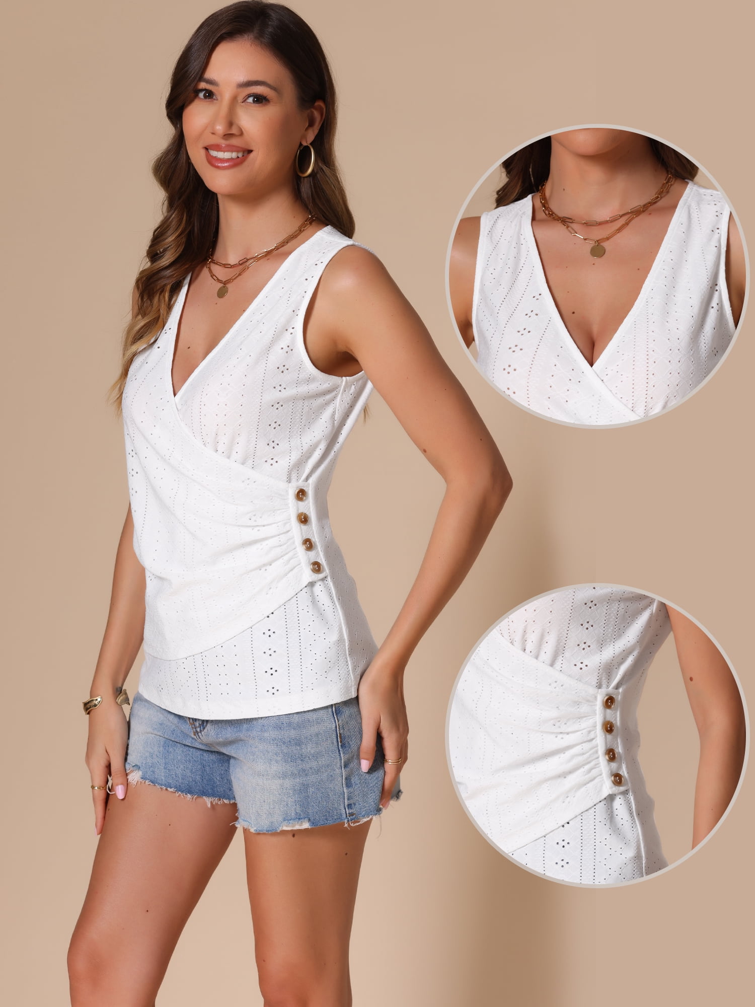 DARING DIVA Sleeveless Wrap Ruched Button Decor Tank Tops M White