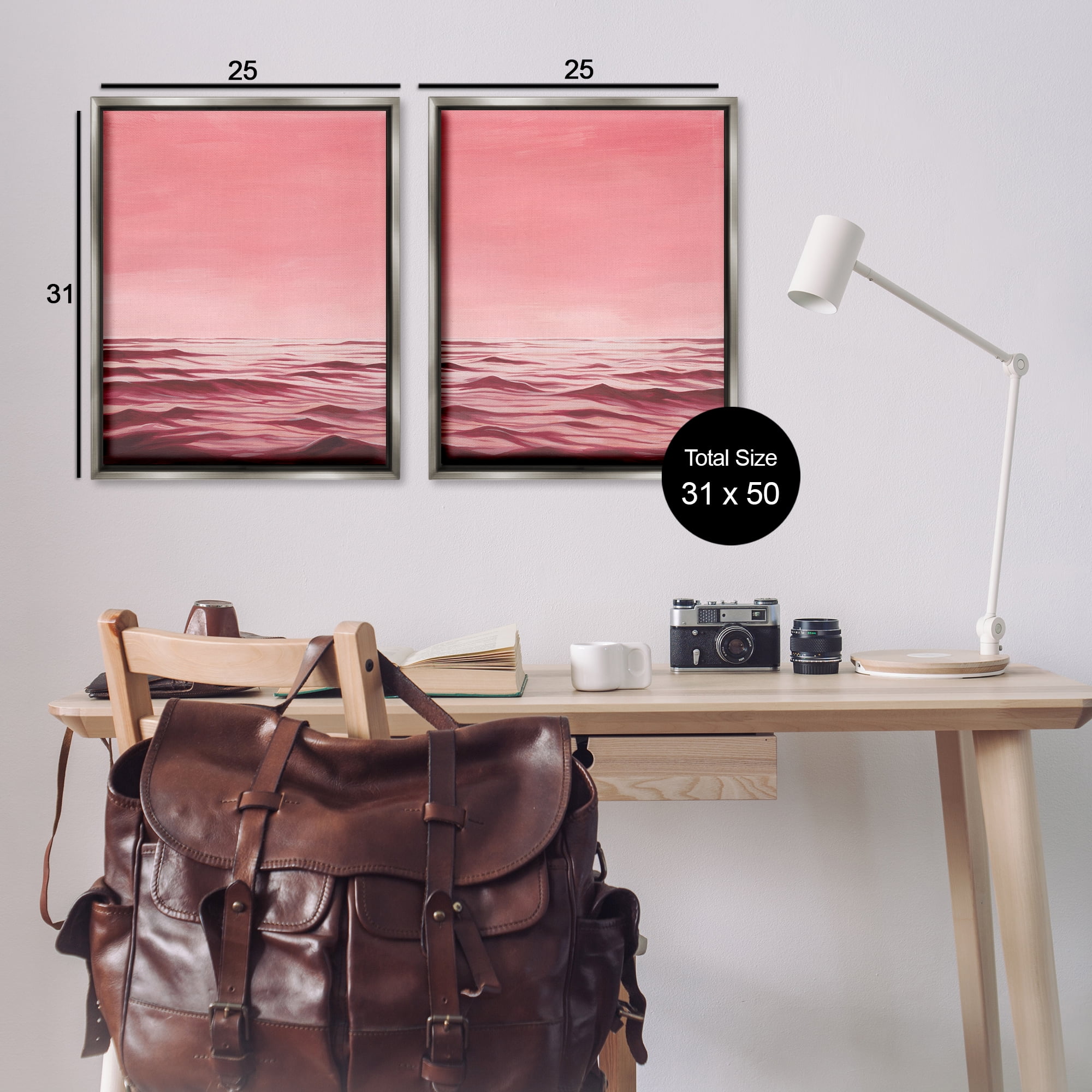 Stupell Industries Pink Calm Seascape Nautical & Beach Painting Gray Floater Framed Canvas Art Print Wall Art, 31 x 25, Set of 2