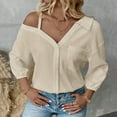 thumbnail image 5 of Zufneo Dressy Blouse for Women Sexy Off-Shoulder Tops V-Neck Beach Button Down Shirts New Arrivals Beige M, 5 of 6