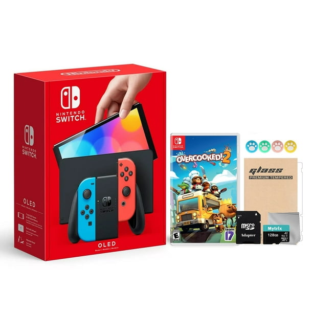 2021 New Nintendo Switch OLED Model Neon Red & Blue Joy Con 64GB Console HD  Screen & LAN-Port Dock with Overcooked! 2 And Mytrix Accessories