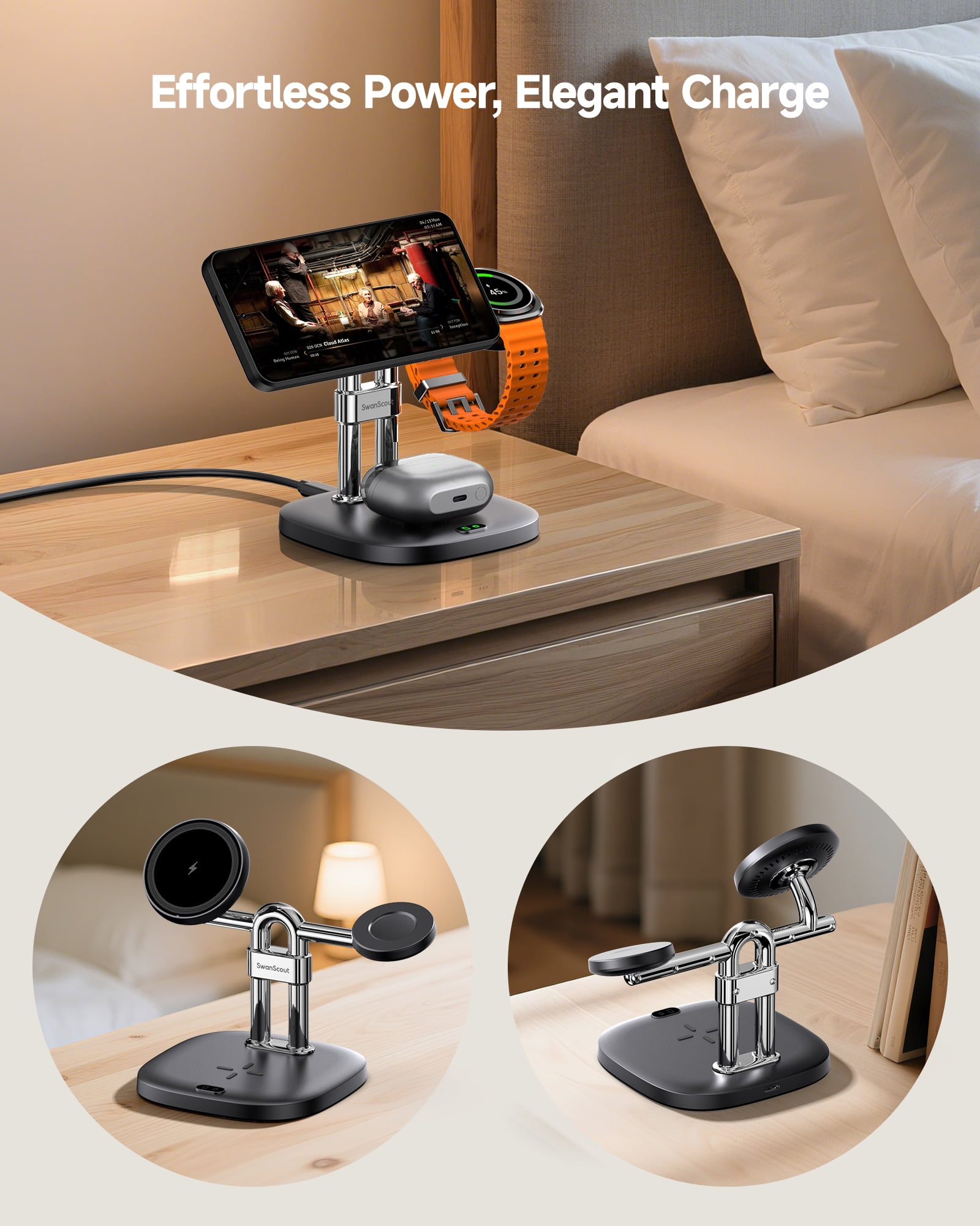Magnetic Wireless Charger for Samsung Phones (Need A Magnetic Case), for Galaxy S26/S25/S24/S23/Z Fold7/Z Flip 7/S22, Galaxy Watch 8/8 Classic/Ultra/7/6/5/4/3, SwanScout 712SM (No Adapter)