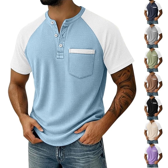 Horkkom Short Sleeve Shirts for Men V Neck Button T-Shirts Summer Casual Loose T Shirts with Pocket L