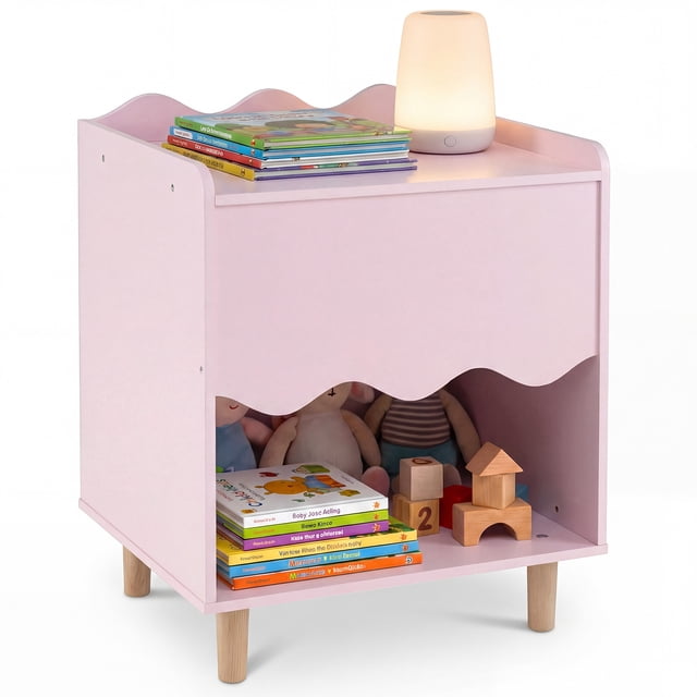 Costway Kids Nightstand, Toddler Scalloped Side Table with Wide Top & Open Compartment Pink