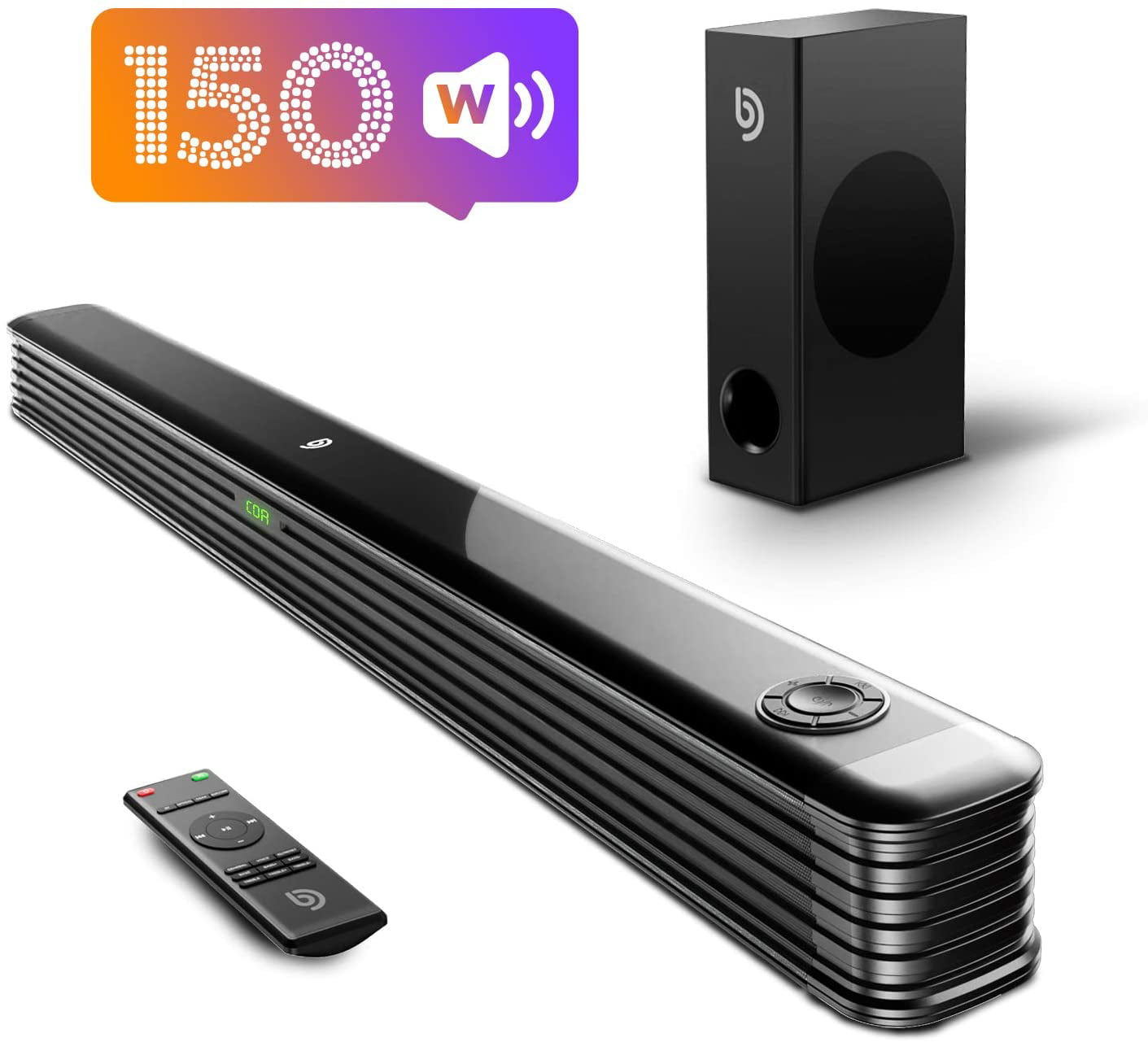 Ultra Slim 2.1 CH Sound Bar for TV Deep Bass 5 EQ Modes Bomaker Soundbar with Subwoofer Optical and RCA Cables Included