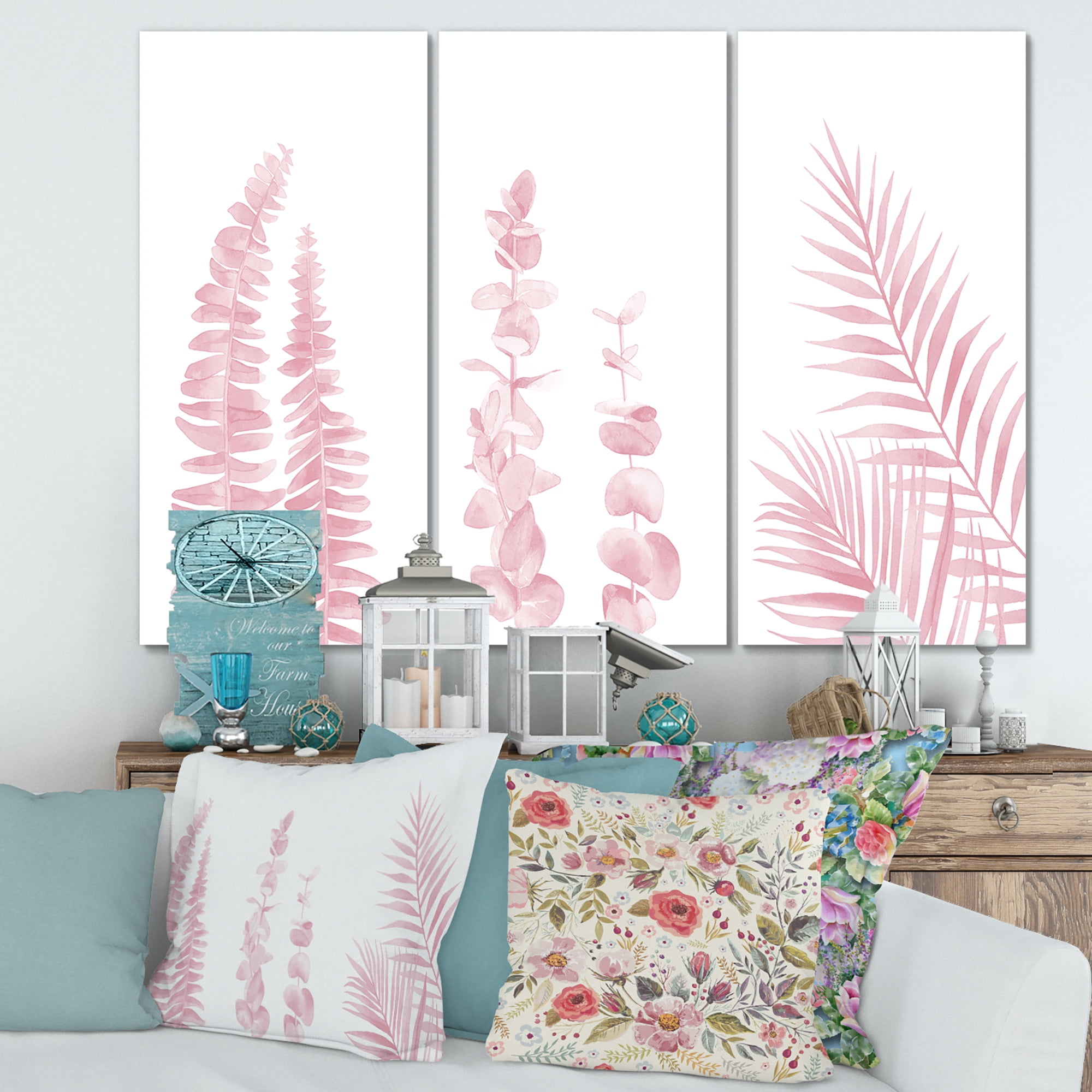 Designart ' Palm Branches and Blush Pinkeucalyptus ' Shabby Chic Canvas Wall Art Print