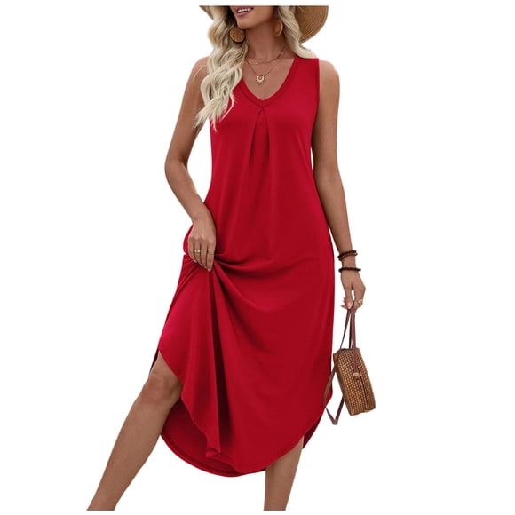 Jalioing Womens Boho Dresses Solid Fashion V Neck Sleeveless Long Dress Flowy Loose Summer Vacation Sundress with Pocket