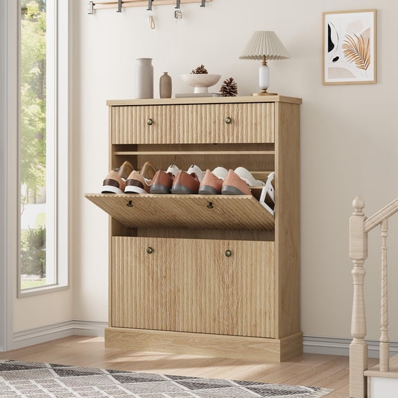 Shoe Cabinet with 2 Flip Drawers & 1 Top Drawer, Modern Narrow Storage Organizer with Adjustable and Removable Shelves, Fluted Freestanding Shoe Cabinet for Entryway, Hallway