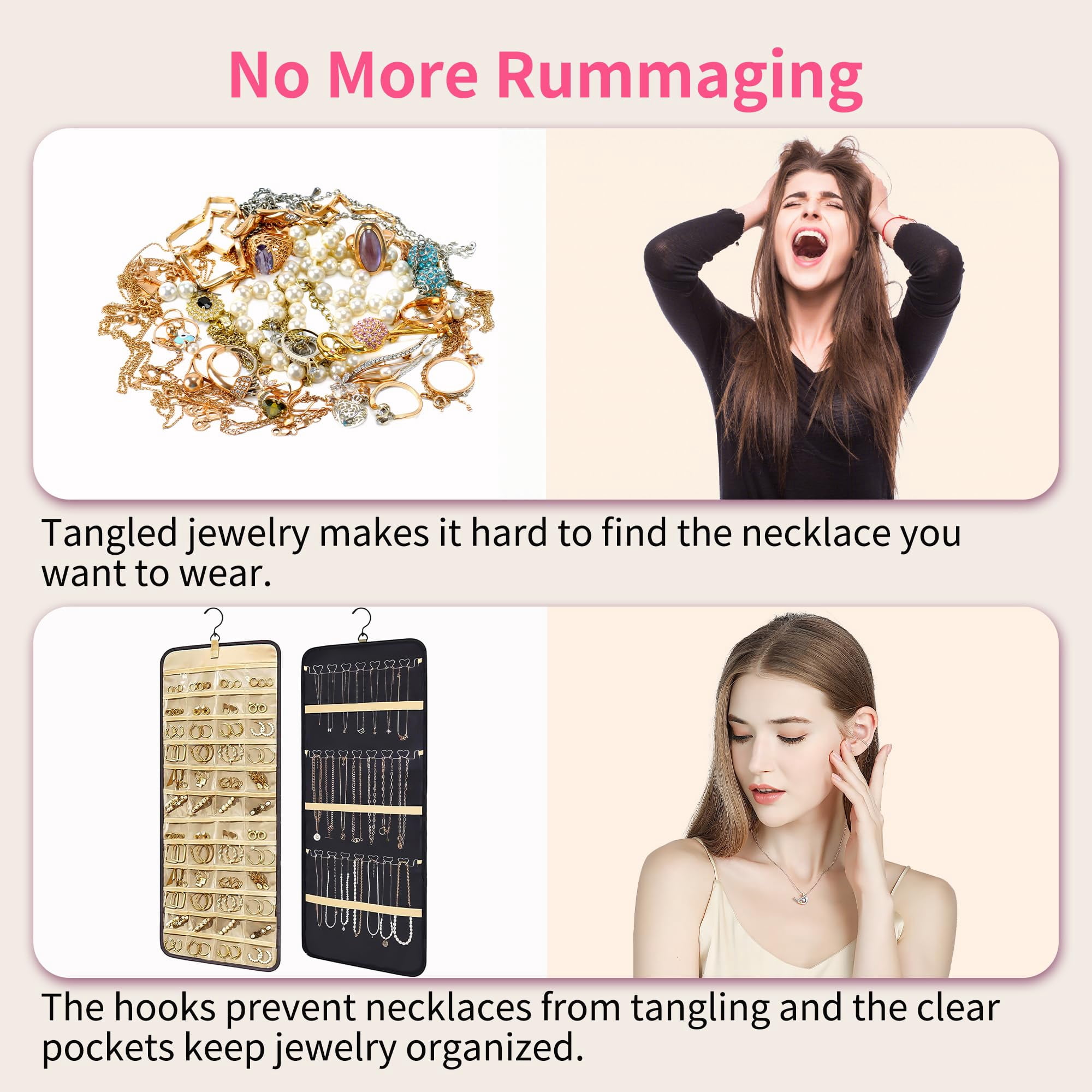 Hanging Jewelry Organizer, Necklace Holder Anti-tangle Earrings Rings Hanger with 48 Jewelry Bags Travel Storage Roll with Pockets Hang on Closet, Wall, Door,1 Piece, Large, Black