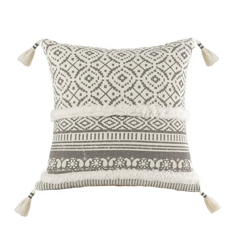 Phantoscope Boho Woven Tufted with Tassel Series Decorative Throw Pillow, 18 inch x 18 inch, Cream White Stripe, 1 Pack