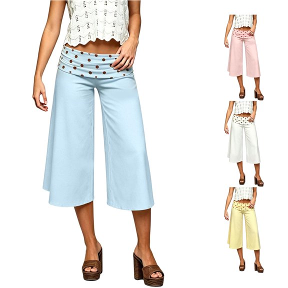 RUTAYY Women's Pants Cropped Wide Leg Polka Dot Fold Over Waist Stretch Loose Casual Trousers Sky Blue