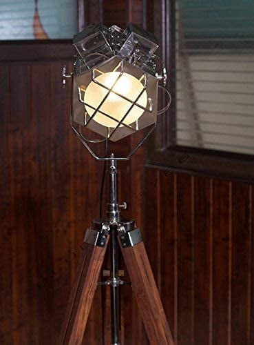 Vintage Spot Studio Searchlight Tripod Floor LAMP Teak with Wood Stand Nautical