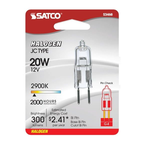 Satco S3468 20 Watt 12 Volt Halogen T3 Light Bulbs 300 Lumens Bi Pin G4 Base Dimmable (12 Pack)