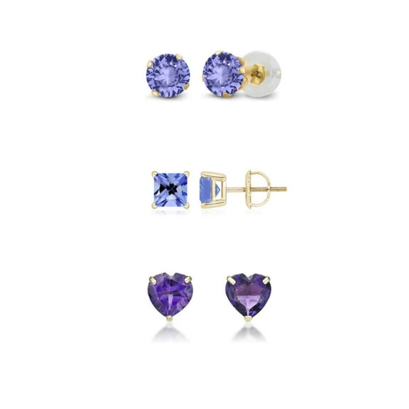 Paris Jewelry 18k Yellow Gold 4Cttw Created Tanzanite 3 Pair Round, Square & Heart Stud Earrings Plated