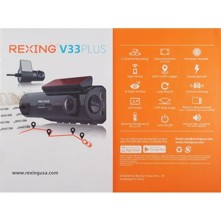Rexing - V33 3 Channel 1440p+1440p+1440p Resolution Dashcam with Front, Cabin and rear camera, GPS, Mobile App, Parking Monitor - Black