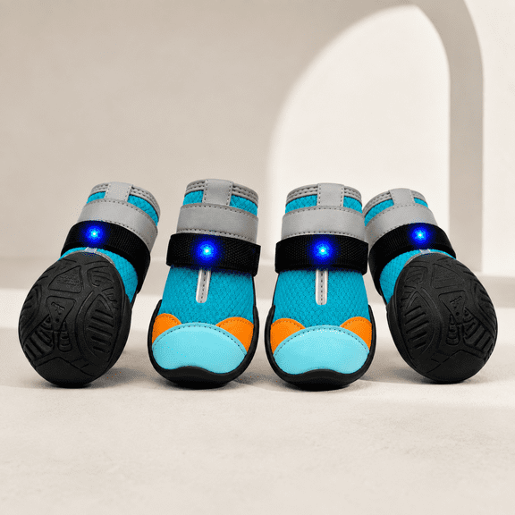 4 Pack LED Light Up Dog Boots, Breathable Mesh Puppy Shoes with Textured Rubber Soles and Adjustable Straps for Night Walking, Hiking and Outdoor Use Light Blue XXS