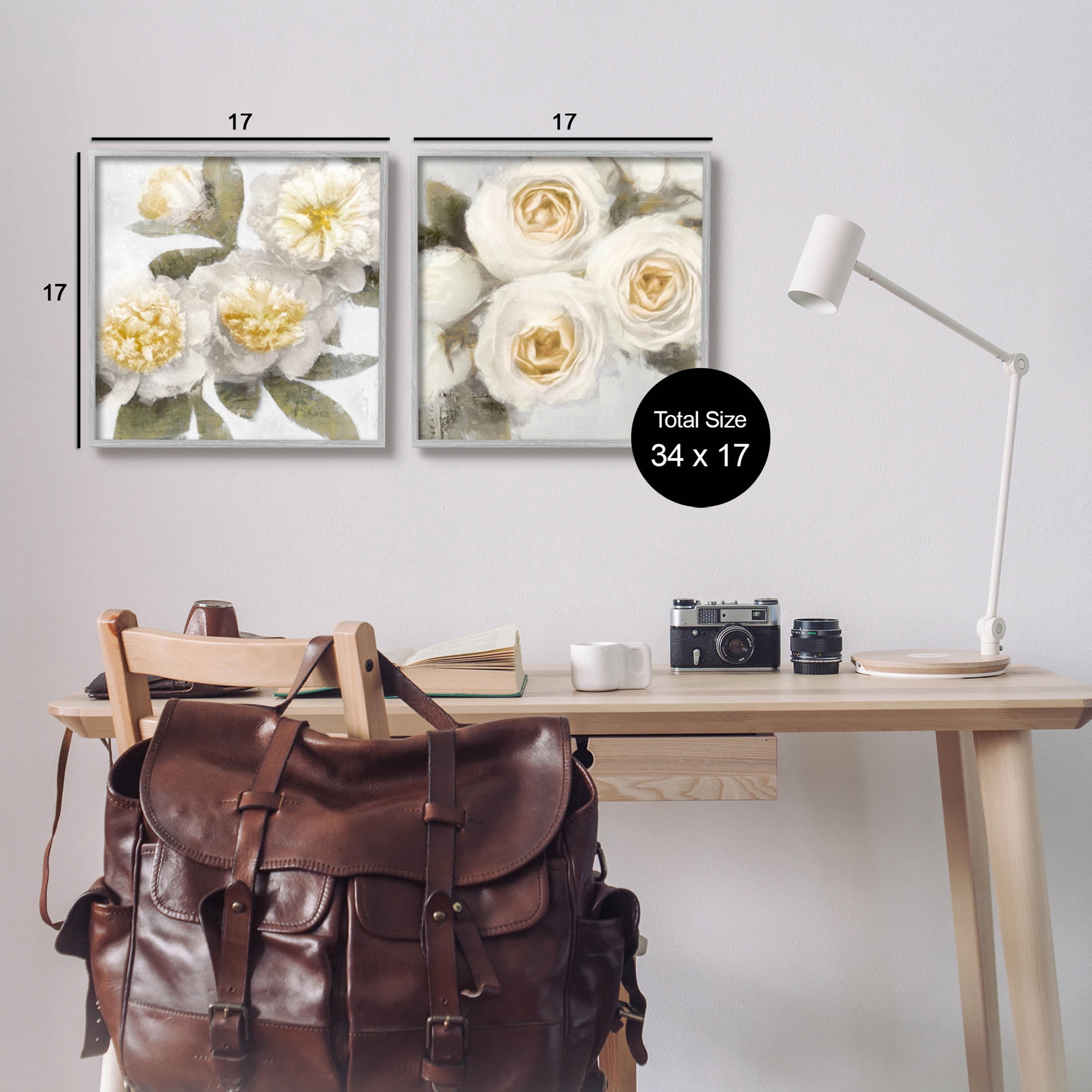 White Rose Flowers Traditional Botanical & Floral Graphic Art Gray Framed Art Print Wall Art, Set of 2