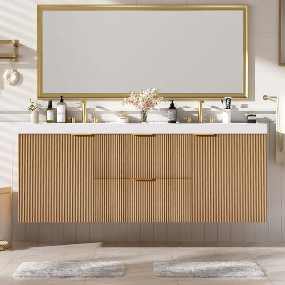 Euroco 59.3 Inch Double Sink Bathroom Vanity with SMC Resin Top, Painted MDF Cabinet with Solid Wood Frame, Soft Close Doors, Divided Drawers, Wall-Mounted Modern Storage Vanity