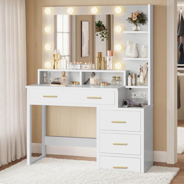Espejo con Luces y 2 Cajones Tocador De Maquillaje con Espejo y 3 Modos de Iluminación con 2 Puertos USB y Enchufes Vanity Mueble Maquillaje con Luz Led para Recamara
