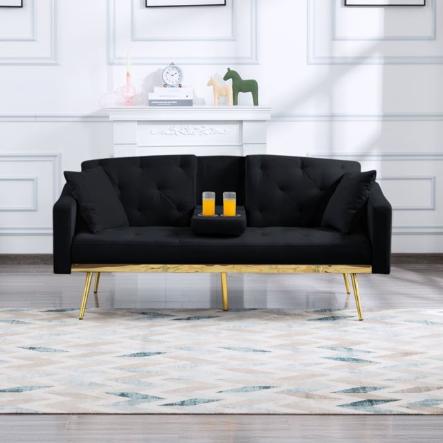 Modern Velvet Reclining Futon with Cup Holders and Pillows, Upholstered