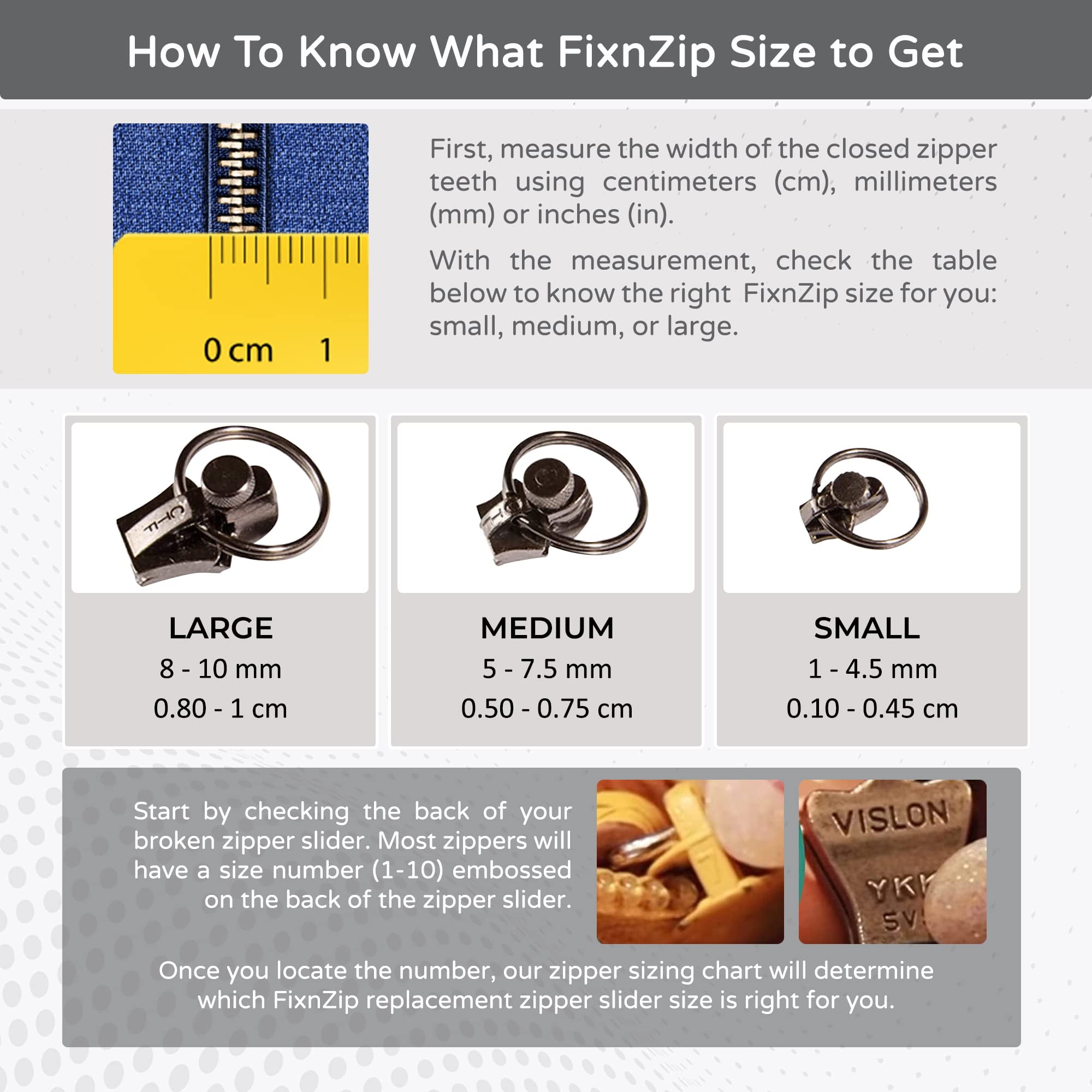FixnZip (Large, Black Nickel) - See Size Guide - Universal Zipper Repair  Kit for Jackets, Luggage, Bags - Backpack Zipper Replacement Repair Kit 