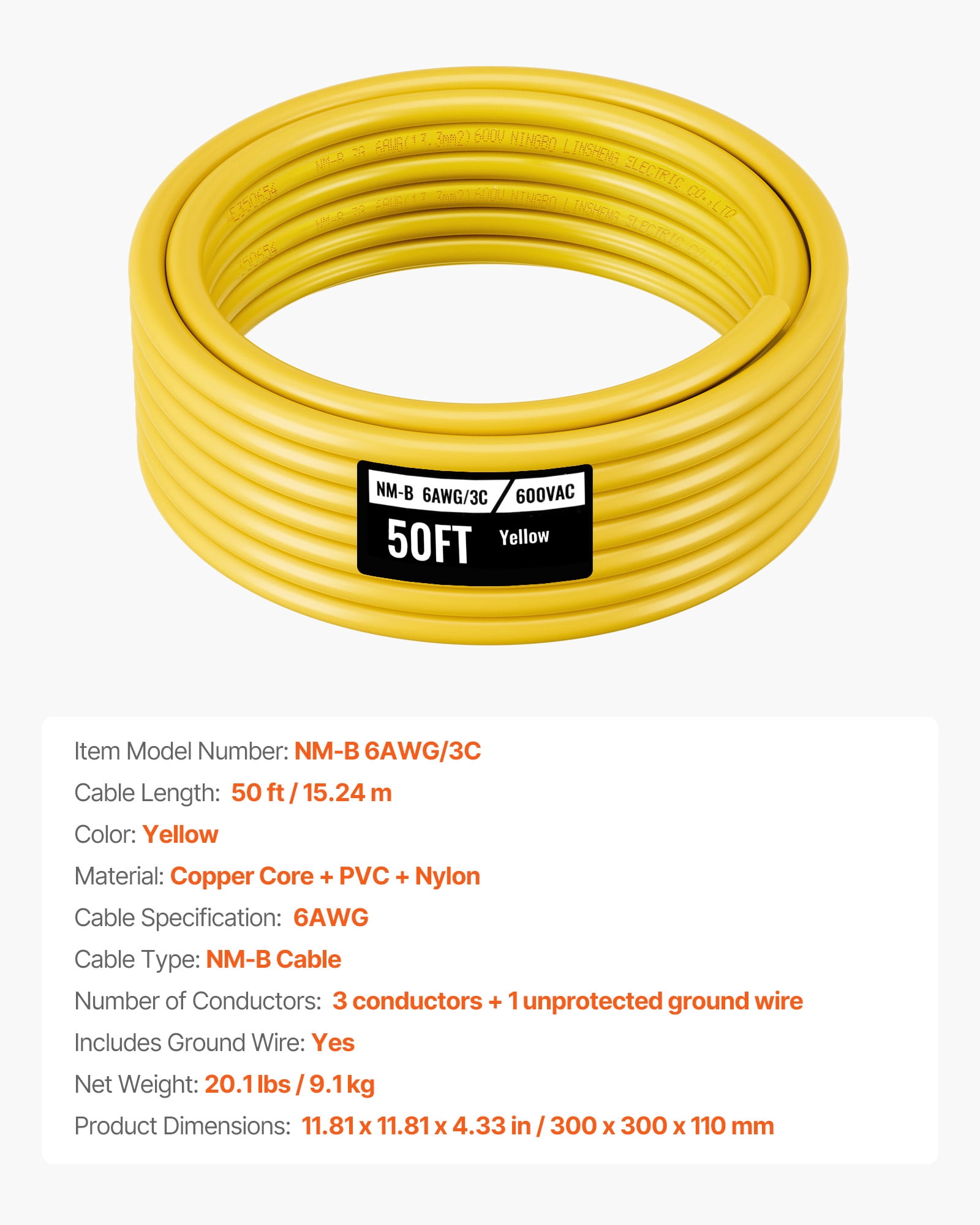 VEVOR NM-B Wire, 6AWG/3C Non-Mettalic Residential Indoor Electrical Wire with Ground, PVC Sheathed High-Purity Copper Core Cable, for Outlets, Switches, Other Loads & Lighting Wiring Projects