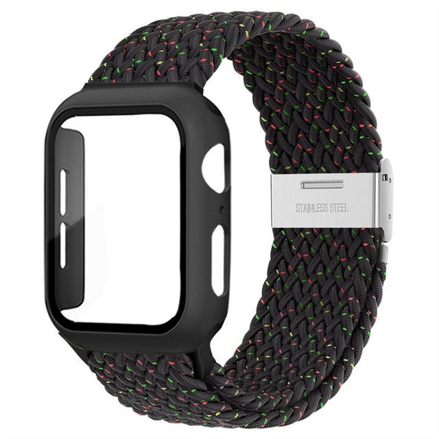 ALMNVO Braided Solo Loop Band Compatible with Apple Watch Bands with Case 41mm 38mm 40mm,Stretch Nylon Elastic Strap with Glass Screen Protector Case for iWatch Series 7 6 SE 5 4 3 2 1