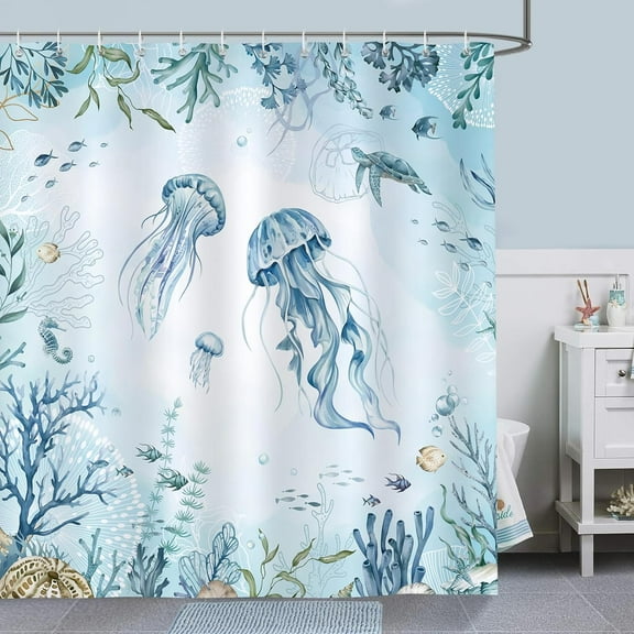 Nautical Jellyfish Teal Shower Curtain for Bathroom Coastal Blue Ocean Sealife Decorative Bath Curtain 72 x 72 Inch Polyester Fabric Waterproof Bathroom Curtain with 12 Hooks
