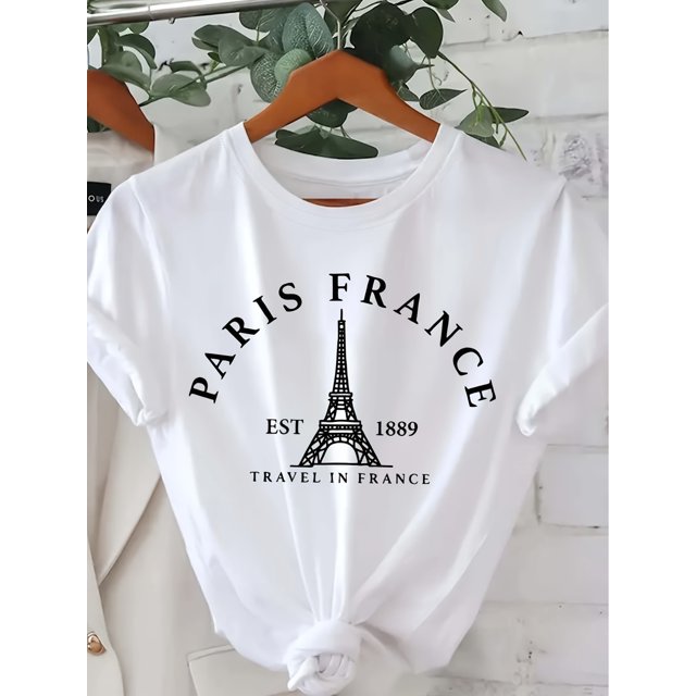 Short Sleeve Eiffel Tower Print Crew Neck T-shirt, Women's Casual Top for Summer & Spring