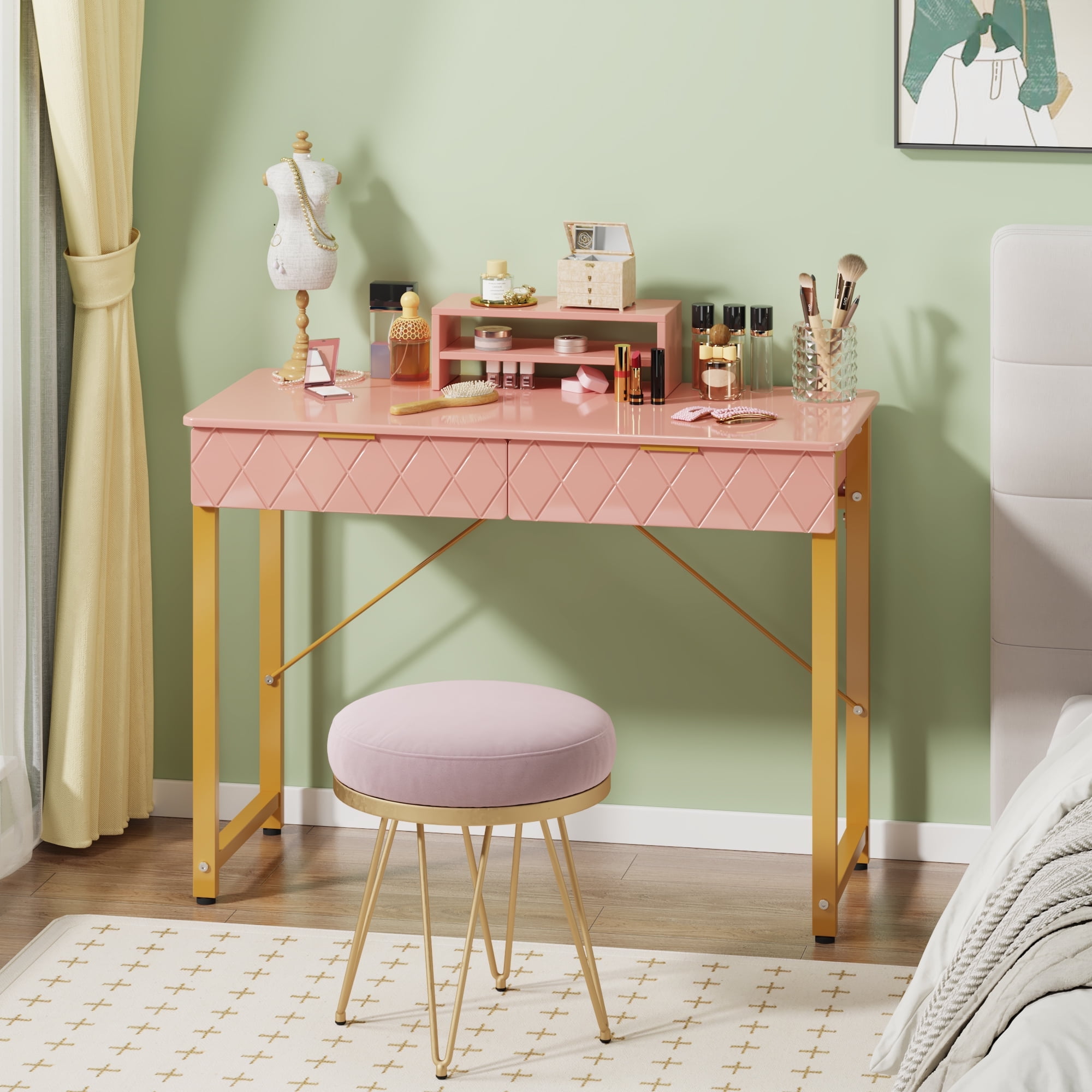 GYIIYUO Pink Modern Writing Desk with 2 Drawers, Office Desk with Glossy Curved Desktop, Computer Desk with Movable Stand for Bedroom Home Office, Pink and Gold