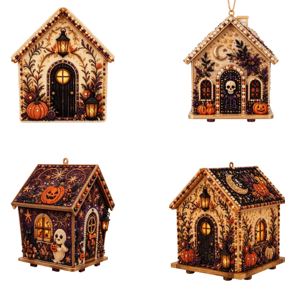 3D Diamond Art Hallowmas House Kit, DIY Wooden Hallowmas Diamond Art Craft Kit for Adults, Full Drill Crystal Mosaic, Tabletop Ornament & Hanging Holiday Decor(B)