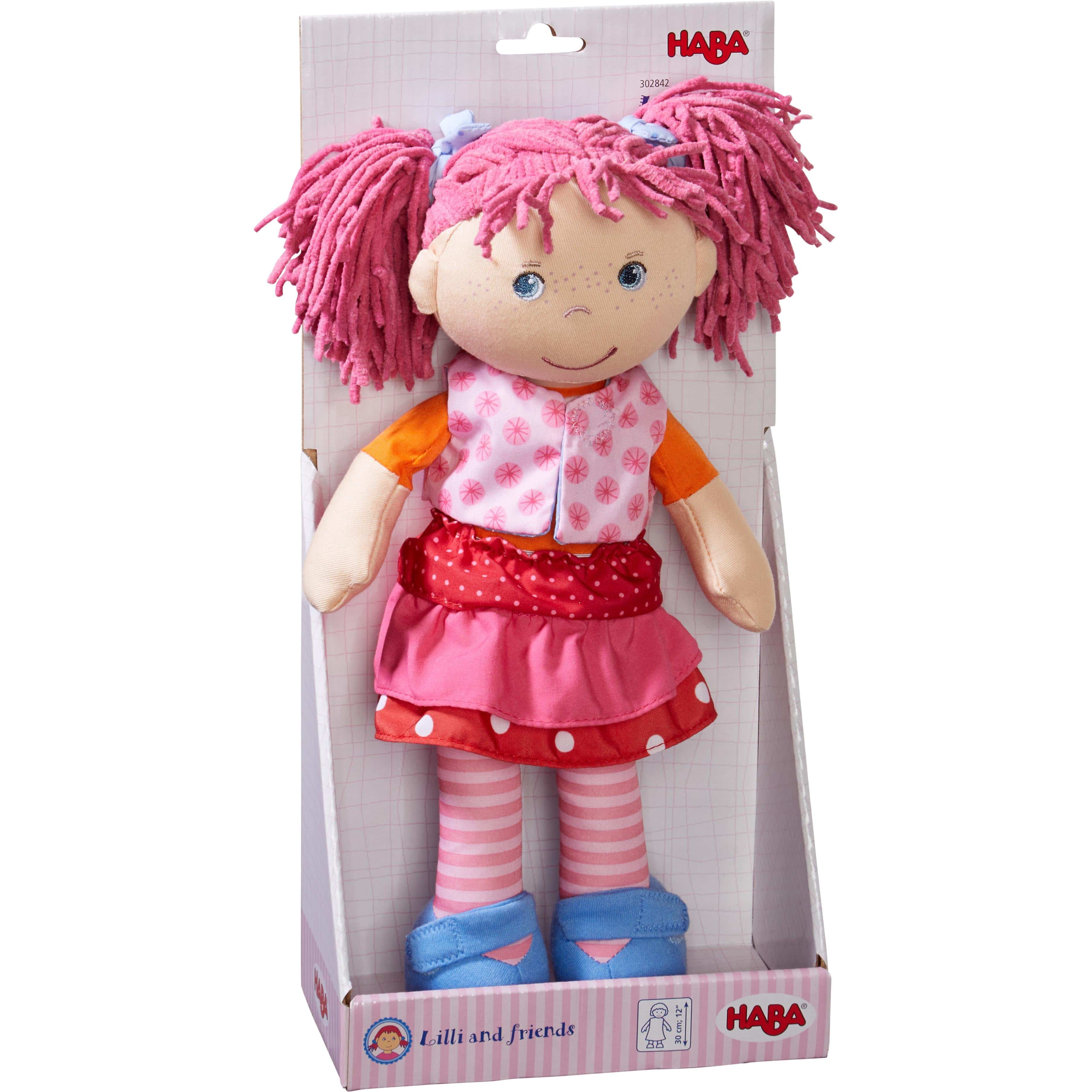 HABA Lilli-Lou 12" Soft Doll with Pink Hair in Pigtails, Blue Eyes & Embroidered Face, Machine Washable Baby Doll for Ages 18 Months+