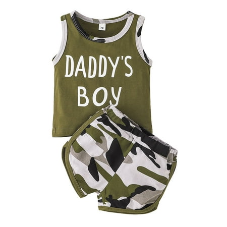 

CenturyX Newborn Baby Boys Vest Outfits Set Letter Sleeveless Tops and Camouflage Shorts Summer Clothes Army Green 18-24 Months