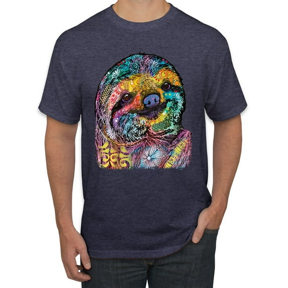 Funny Neon Sloth | Dean Russo Art Animal Lover Men's T-Shirt, Vintage Heather Navy, 2XL