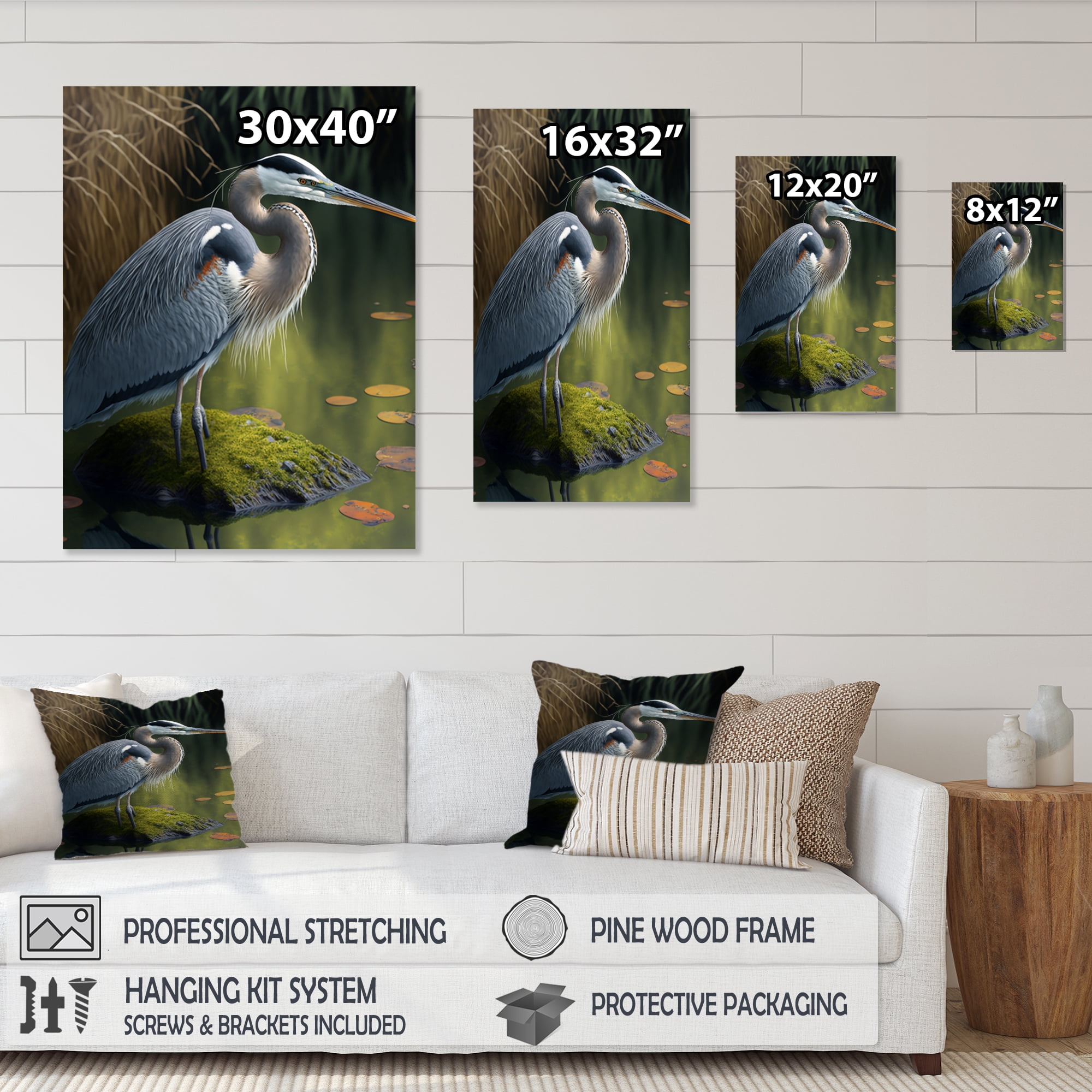 Designart Cute Heron In A Lake Floral Art V Canvas Wall Art