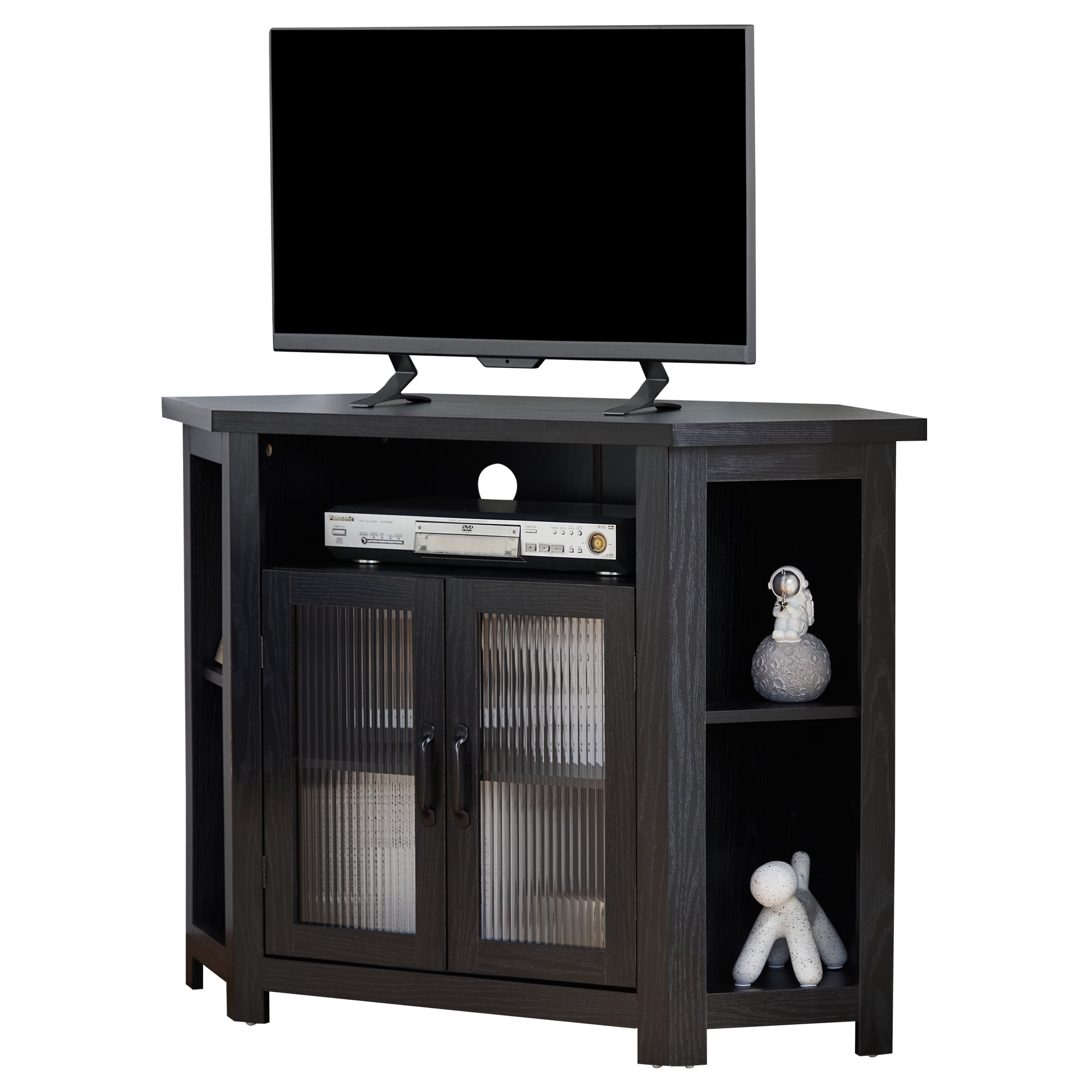 PHOYAL Farmhouse Corner TV Stand for TVs up to 48 Inchs with 2 Doors and Storage Shelves, Black
