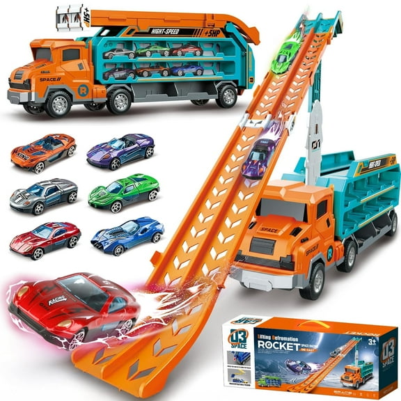 Hot Bee Car Carrier Transport Truck Toys for Kids Age 3-5 4-8, 2.8-Ft Foldable Race Track with 6 Mini Die-Cast Metal Cars, Birthday Christmas Toys Gift for Toddlers Boys Girls 3 