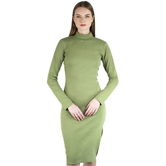 Artyska Women's Casual Bodycon Long Sleeve Turtle Neck Ribbed Side Slit Club Party Midi Dresses