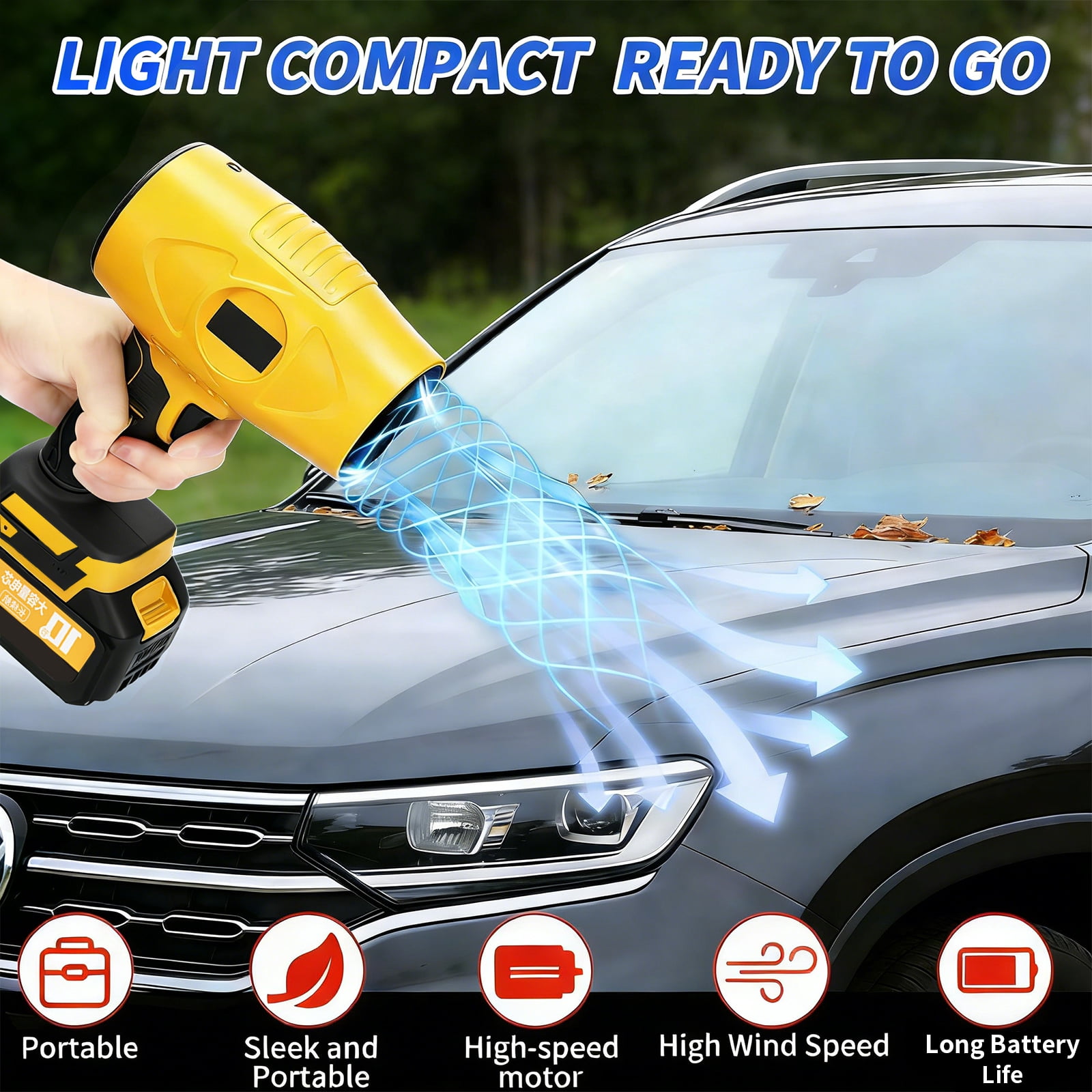 21V Battery Powered Cordless Leaf Blower, Lightweight Design, Push-to-Lock Attachment, Large Turbine Fan