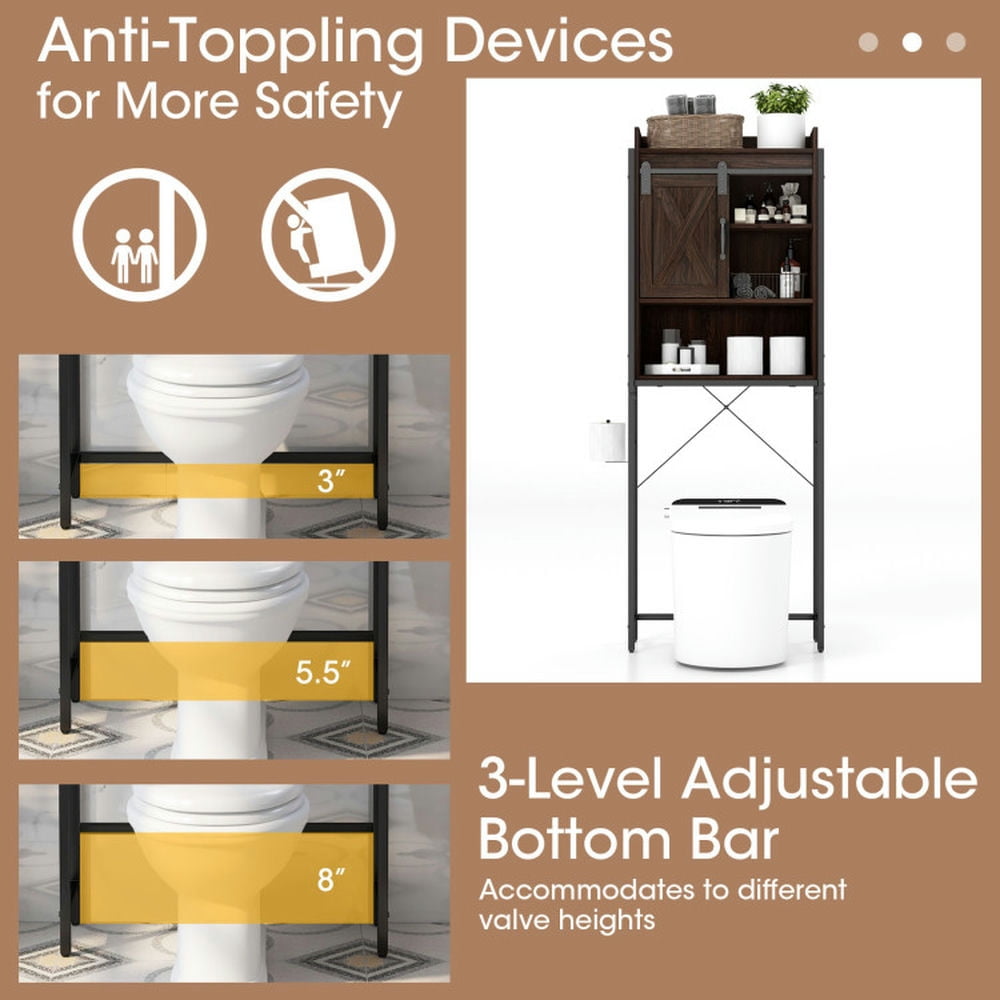 Finihen Toilet Storage Cabinet, Bathroom Cabinet Organizer, 4-Tier Multifunctional Toilet Storage Cabinet with Adjustable Shelf and Sliding Barn Door, for Bathroom, Brown