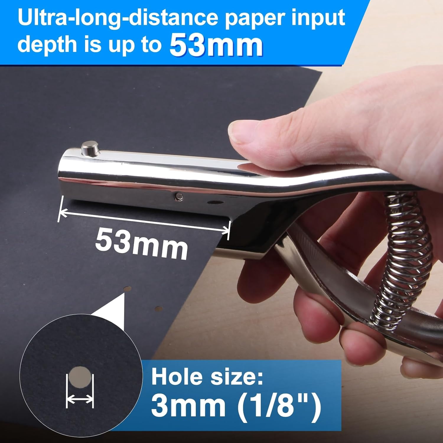 Deep Throat Heavy Duty Hand Held Single Hole Punch 1/8 inch (3 mm) for Paper ID PVC Cards Plastic Cardboard Photos