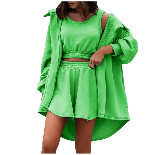 Conjuntos de ocio de 3 piezas para mujer, Tops abiertos en la parte delantera, Tops cortos y pantalones cortos, conjuntos cómodos de traje con cintura elástica Fridja fhjkhfk459814