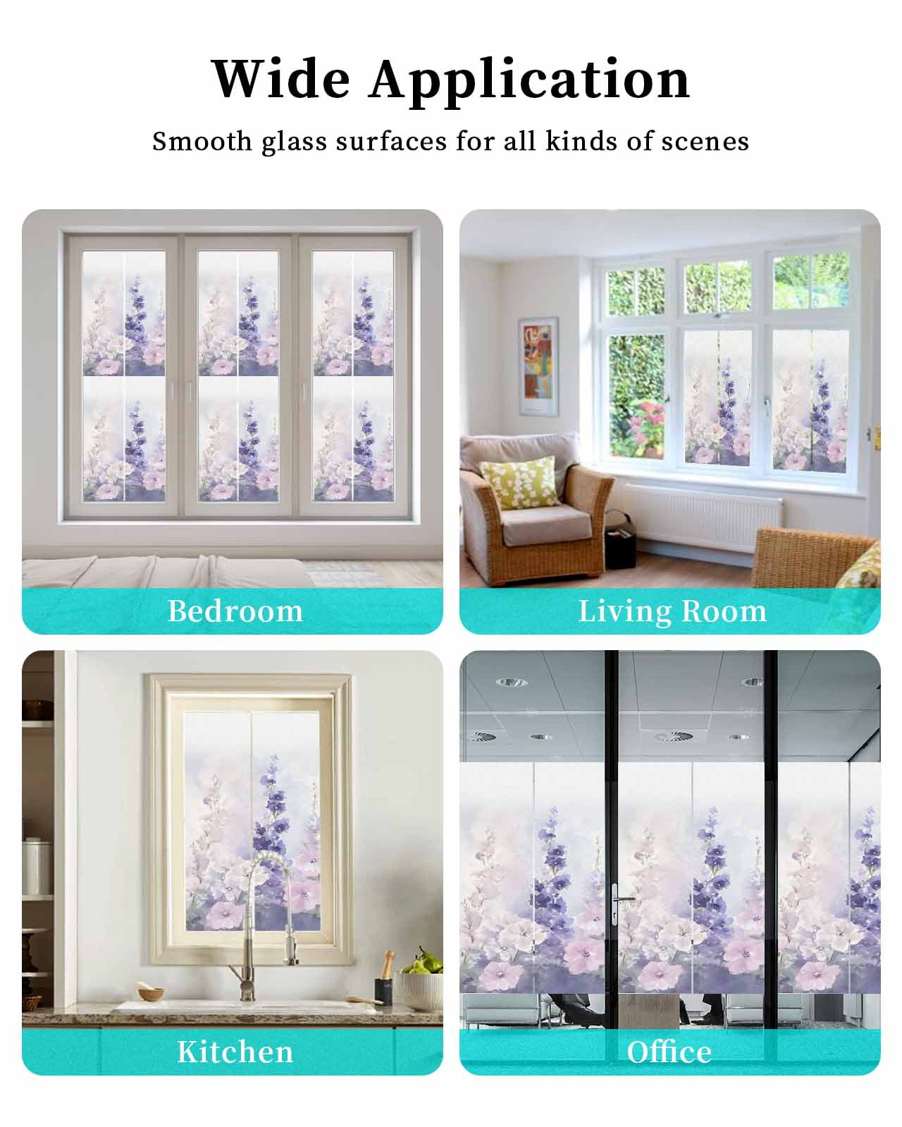 Window Privacy Film Lavender Stained Glass Window Film Decorative Sun Block Window Cover Pastoral Pastel Purple Pink Wildflower Window Clings Static Adhesive Sticker for Bathroom 23.6"x59"