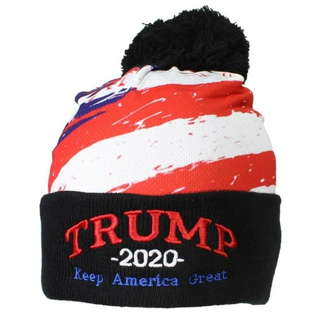 Best Winter Hats American Flag W/Embroidered Trump 2020 Cuffed W/Pom Pom -