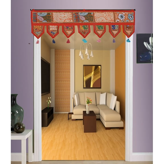 Stylo Culture Decorative Cotton Window Valance For Kids Bedroom Orange Vintage Embroidered Patchwork Tassels Floral Scarf Curtain Topper Living Room Swag Curtain Door Hanging Toran | 38 x 14 Inches