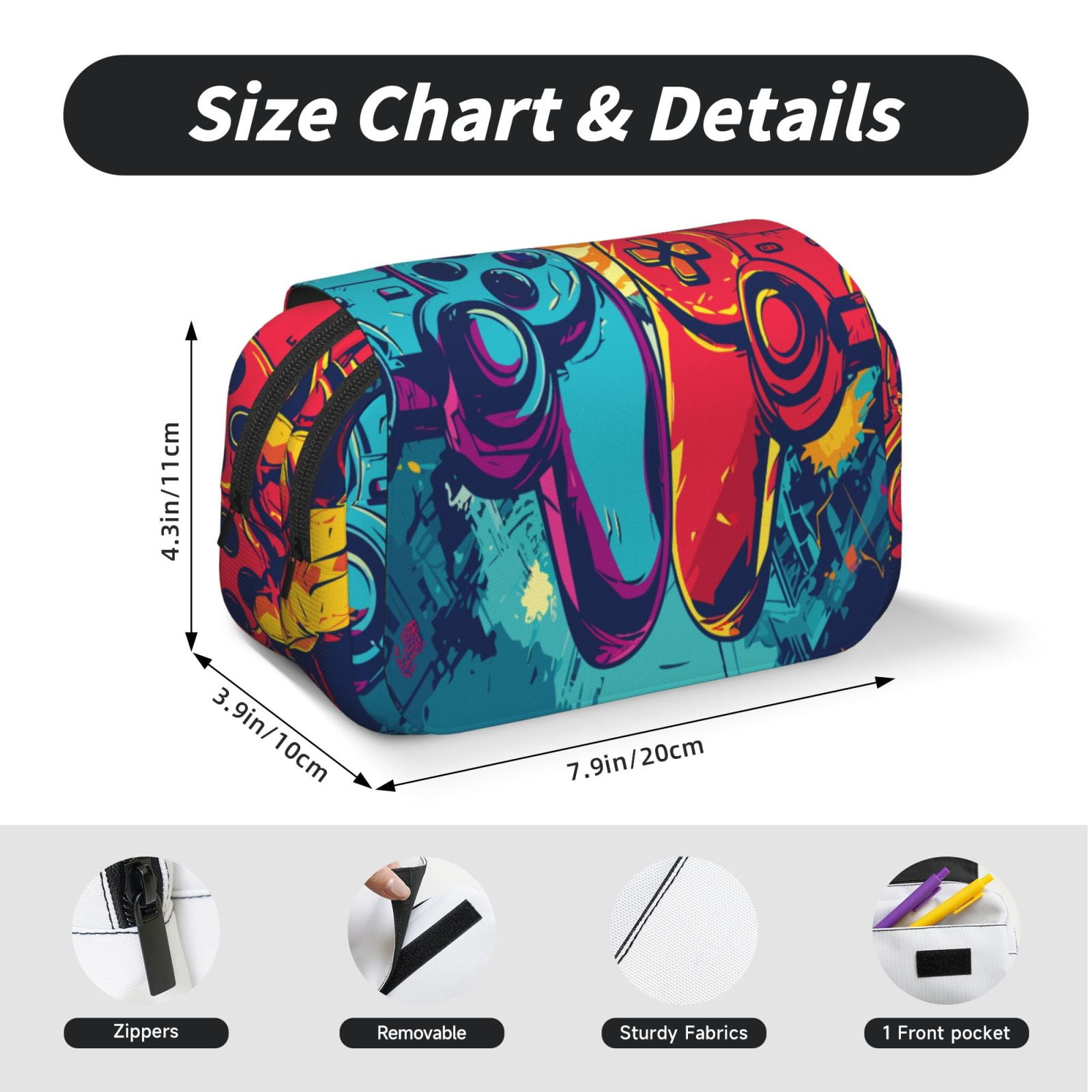 Rateoe Gaming Pattern Double Clamshell Pen Case, Storage Organizer with Two Zipper Compartments– Holds Up to 50 Pencils & Pens