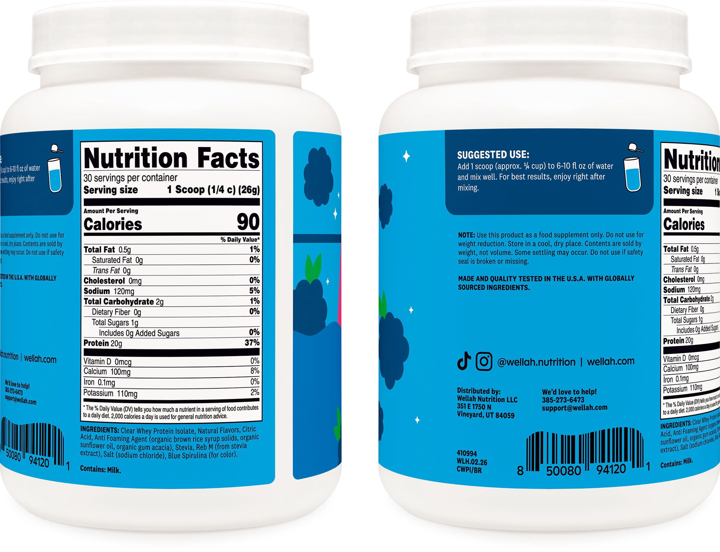 Wellah Clear Whey Protein Isolate Powder (Blue Raspberry) 30 Servings - 20g of Protein, 90 Calories, Sweetened with Stevia