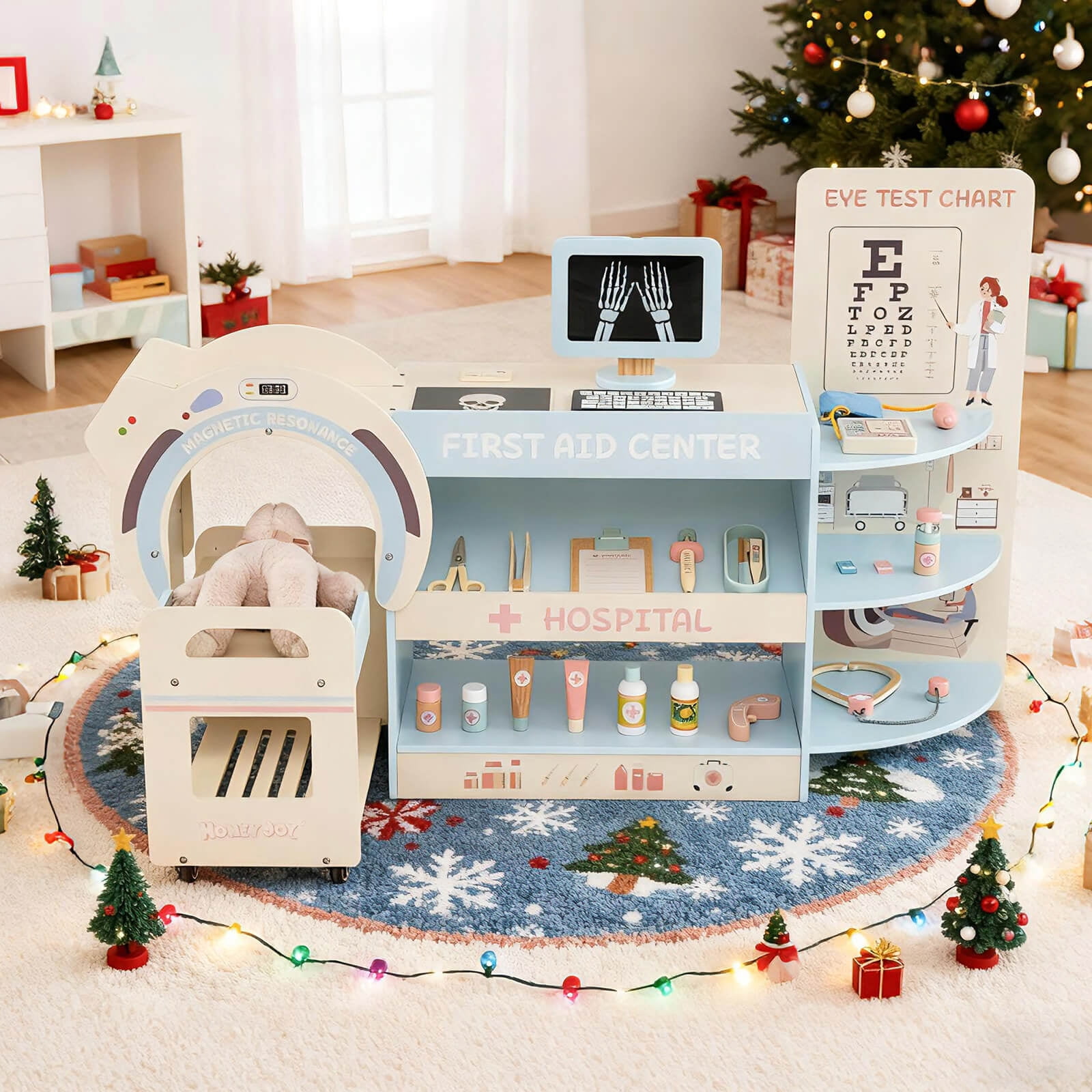 COSTWAY Centre Médical Enfant En Bois – Hôpital Jouet Avec Tableau Noir, Balance, 22 Accessoires, Dès 3-6 Ans (Bleu)