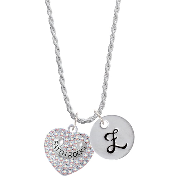 Delight Jewelry Silvertone Faith Rocks on AB Crystal Heart Silvertone Script Initial Disc - Z - Charm Necklace, 20"+3"