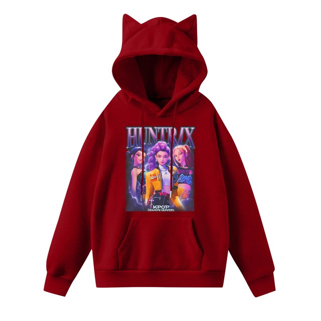 pop Huntrix Print Cat Ears Hoodie with De-mon Sweatshirt Huntrix Trendy Pullover All-over Print Fashion Casual Long Sleeve Sweatshirt Pullover Casual Streetwear 2XL