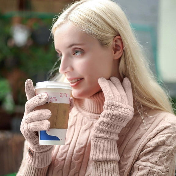 Dyfzdhu Women Winter Screen Gloves Warm Fleece Lined Knit Gloves Elastic Cuff Winter Beige